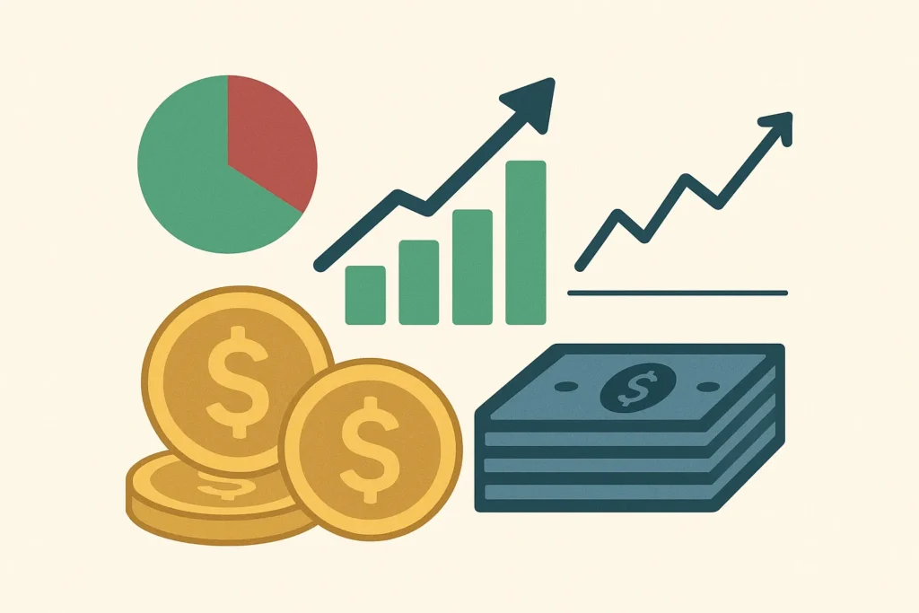 Finanças pessoais e investimentos representados por gráficos e crescimento financeiro